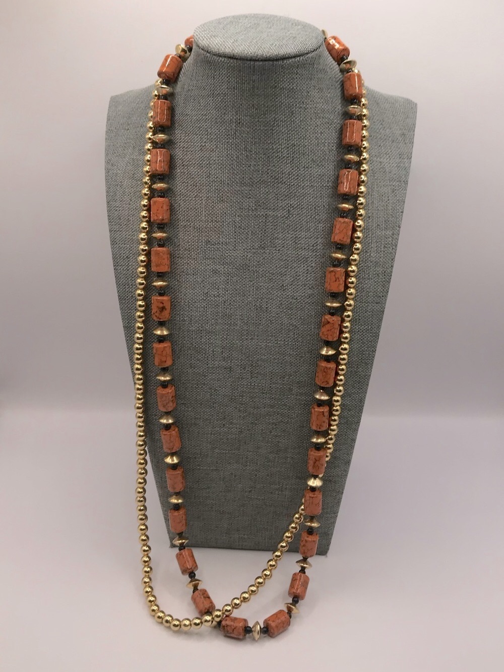 Long Gold-Tone and Brown Acrylic Beaded Necklace
